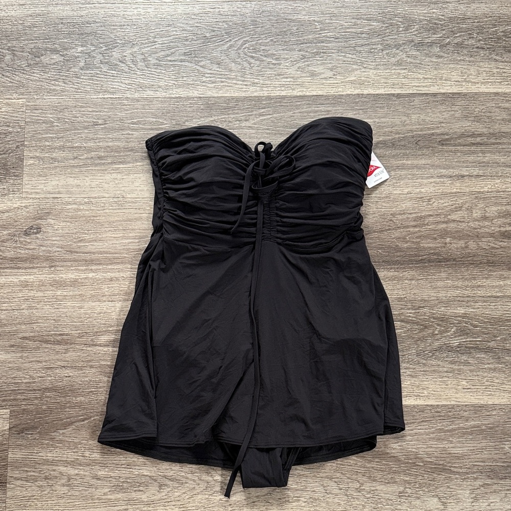 Lands' End Black Strapless Ruched One-Piece Swimsuit Elegant Swim